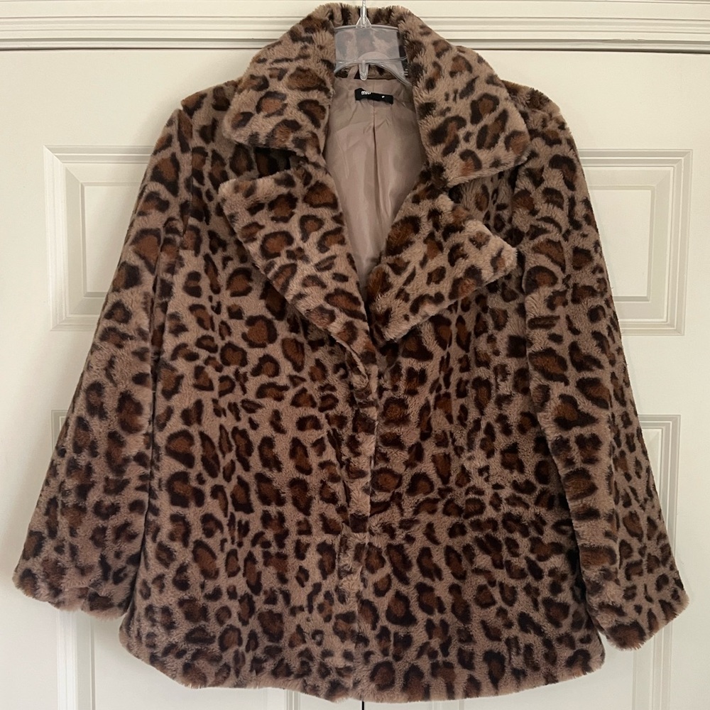 Mittoshop Faux Fur Leopard Print Pea Coat, Size Small